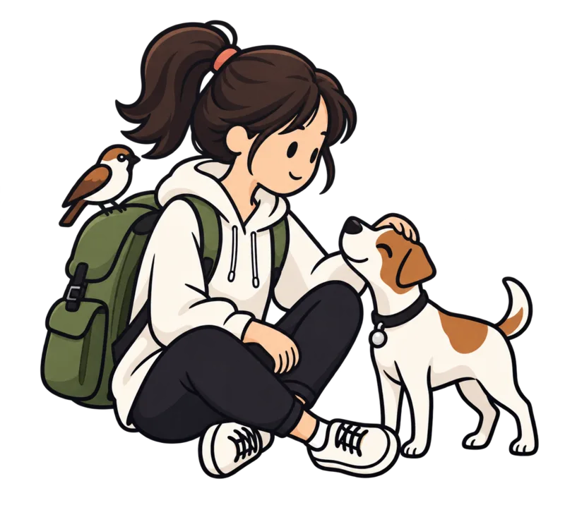 Ilustración de la viajera de Mochyleando sentada acariciando a su perro