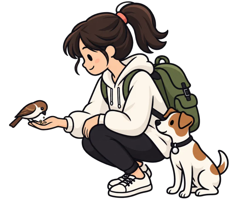 Ilustración de la viajera de Mochyleando dando de comer a un pájaro, acompañada de su perro