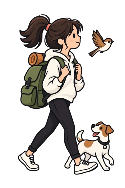 Ilustración de la viajera de Mochyleando caminando con su perro